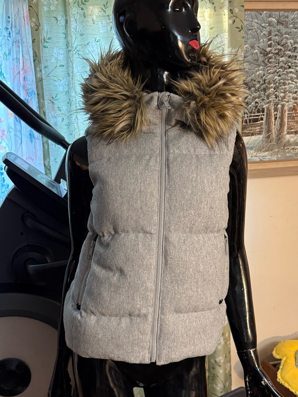 GAP Light Gray Hooded Puffer Vest with Faux Fur Trim
